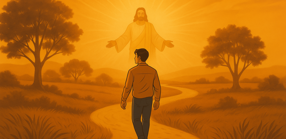 Homem caminhando rumo a Jesus em meio a uma paisagem dourada, simbolizando propósito e fé.
