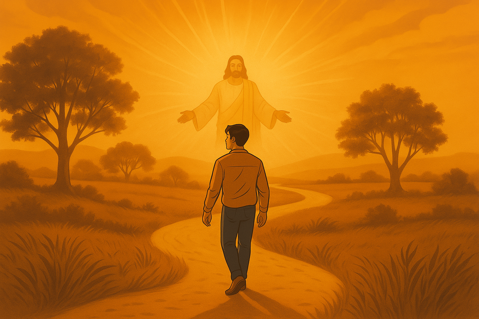 Homem caminhando rumo a Jesus em meio a uma paisagem dourada, simbolizando propósito e fé.