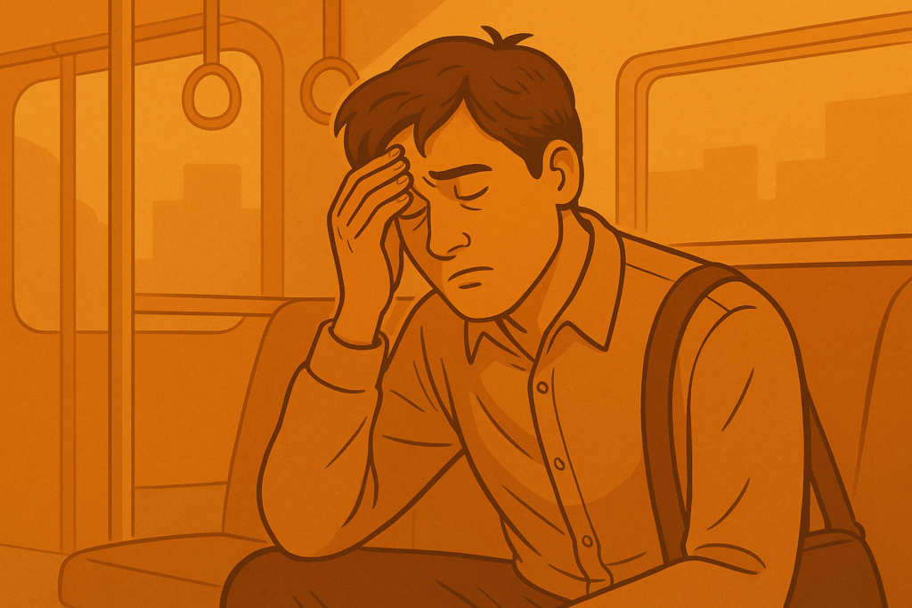 Jovem em um ônibus voltando cansado para casa depois do trabalho. Seu semblante da a entender que o dia dele foi cansativo e que ainda não acabou