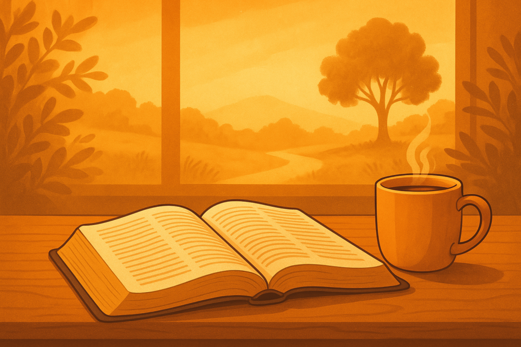 Ilustração de uma bíblia, uma caneca e uma árvore, simbolizando que a fidelidade em pequenas coisas pode nos colocar sobre o muito. 