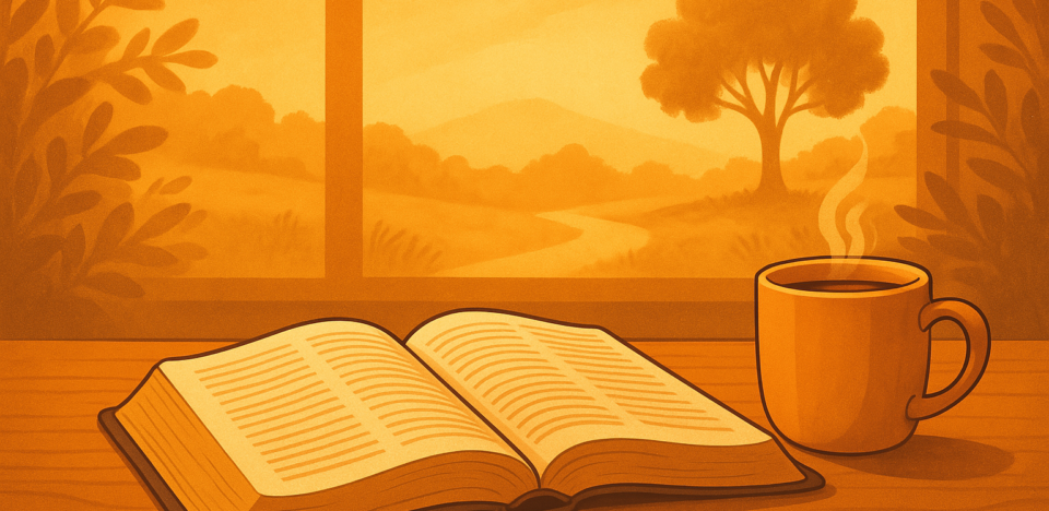 Ilustração de uma bíblia, uma caneca e uma árvore, simbolizando que a fidelidade em pequenas coisas pode nos colocar sobre o muito.
