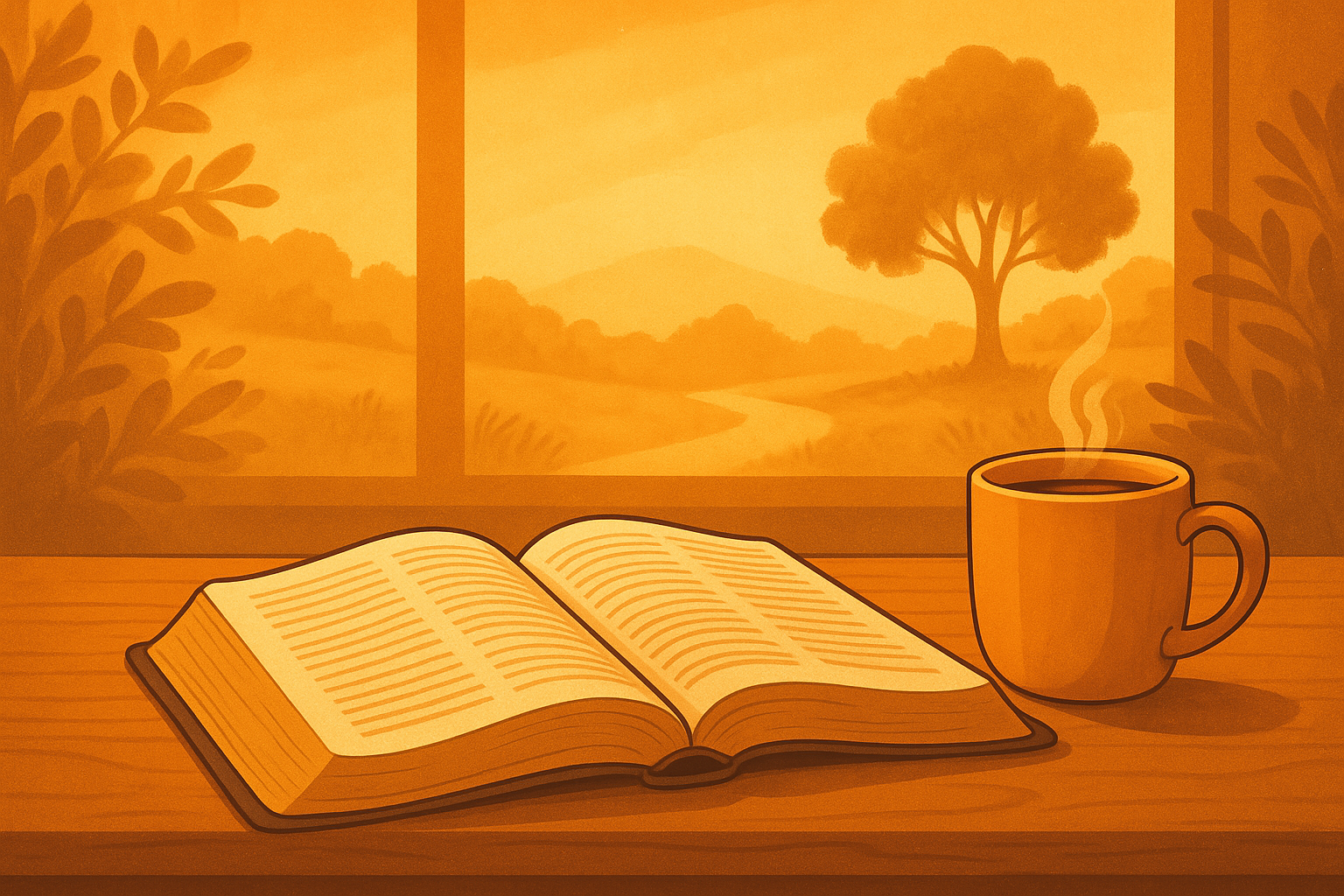 Ilustração de uma bíblia, uma caneca e uma árvore, simbolizando que a fidelidade em pequenas coisas pode nos colocar sobre o muito.