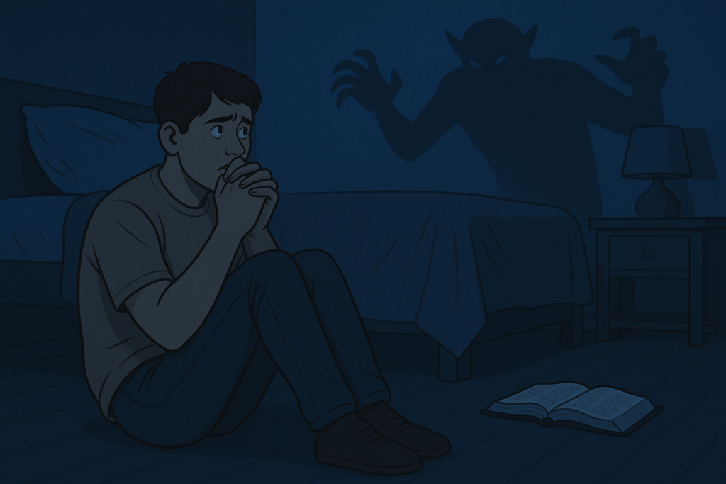 Ilustração de um jovem sentado no chão com expressão de medo e luz sombria ao redor, representando o impacto paralisante do medo interior.