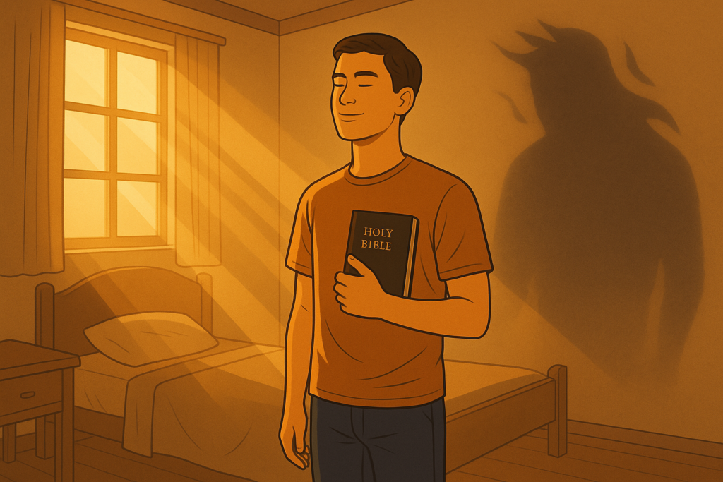 Ilustração de um jovem sentado em um quarto iluminado pela luz do sol que entra pela janela, enquanto uma sombra sombria se afasta, simbolizando o medo sendo vencido pela presença de Deus, coragem e clareza.
