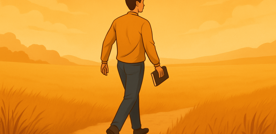 Ilustração digital de um jovem em um campo amplo, dando um passo confiante rumo ao vazio, simbolizando um ato de fé e obediência, mesmo sem ter todas as respostas.