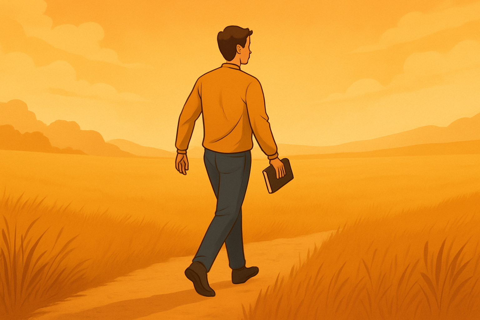 Ilustração digital de um jovem em um campo amplo, dando um passo confiante rumo ao vazio, simbolizando um ato de fé e obediência, mesmo sem ter todas as respostas.