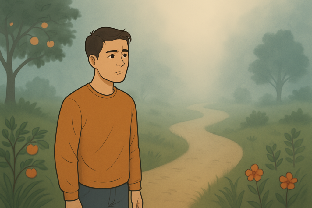 Ilustração de um jovem parado no início de uma estrada encoberta por neblina, olhando para frente com incerteza. Dentro da névoa, surgem formas sutis de árvores frutíferas e flores, simbolizando um futuro promissor ainda invisível aos olhos.