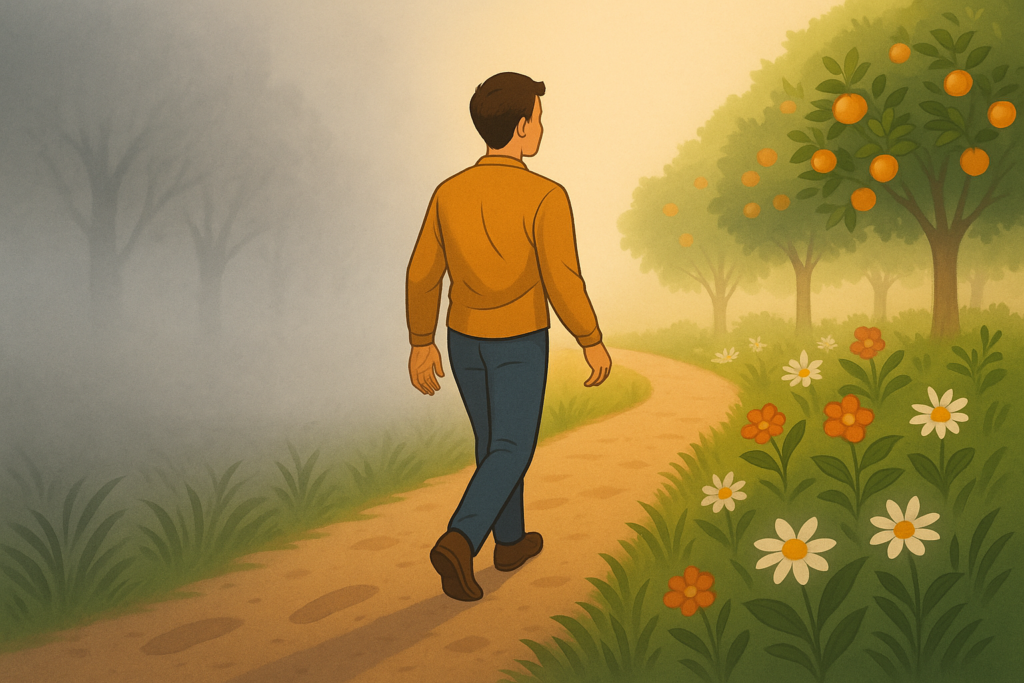 Ilustração de um jovem caminhando por uma estrada antes coberta por neblina. A cada passo, o caminho à frente se torna mais visível e claro, representando o poder da fé ativa e do movimento guiado por confiança em Deus.