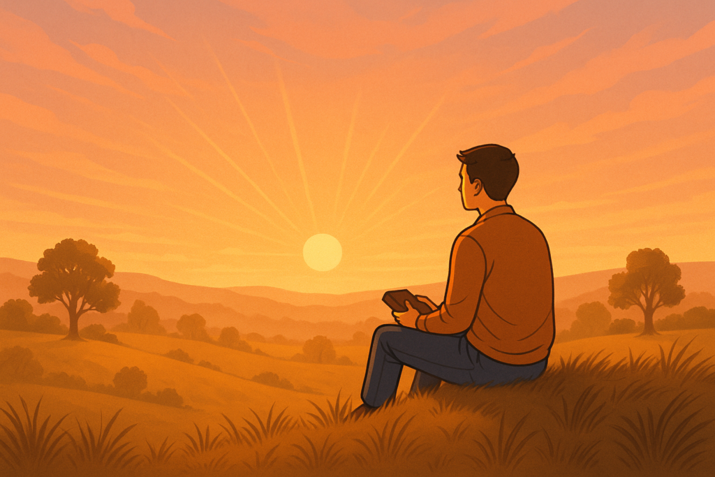 Ilustração digital mostra um jovem sentado sobre um tronco em meio à natureza, com o semblante reflexivo, cercado por folhas caídas e árvores. A atmosfera transmite tranquilidade e introspecção, representando o início de um processo de renovação da mente.