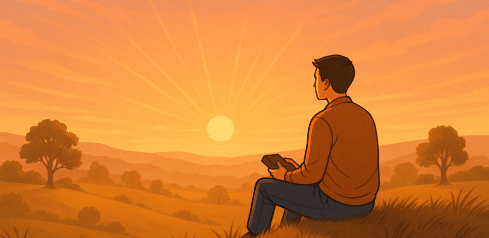 Ilustração digital mostra um jovem sentado sobre um tronco em meio à natureza, com o semblante reflexivo, cercado por folhas caídas e árvores. A atmosfera transmite tranquilidade e introspecção, representando o início de um processo de renovação da mente.
