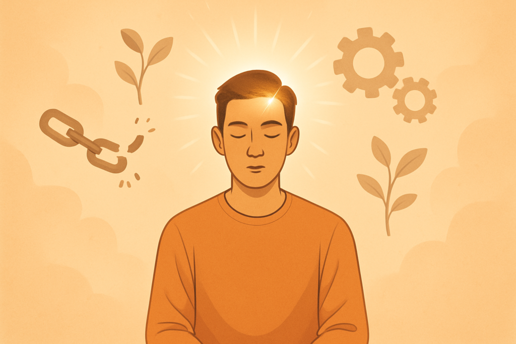Jovem em pé no alto de uma colina, olhando para o horizonte com uma expressão de busca interior, cercado por luz suave e nuvens que se dissipam, representando o início da renovação da mente.