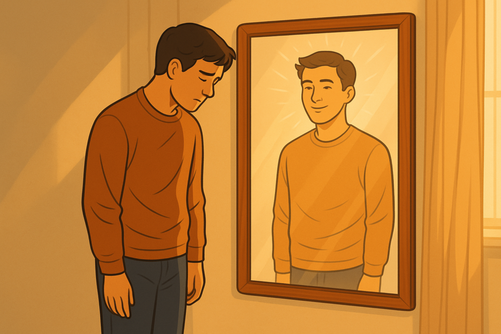 Ilustração de um jovem de frente para um espelho em um ambiente calmo e iluminado, onde o reflexo mostra uma versão mais firme e confiante de si mesmo, simbolizando a renovação da mente e o despertar do propósito.