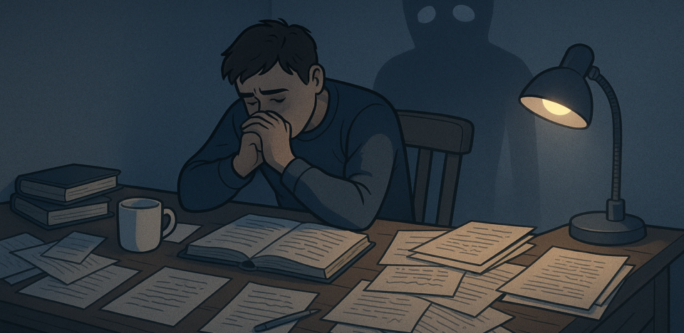 Ilustração digital de um jovem sentado à mesa em um ambiente escuro com iluminação fraca, rodeado por objetos de trabalho e tarefas acumuladas, com expressão de exaustão e confusão, representando o peso da sobrecarga e da desconexão espiritual.