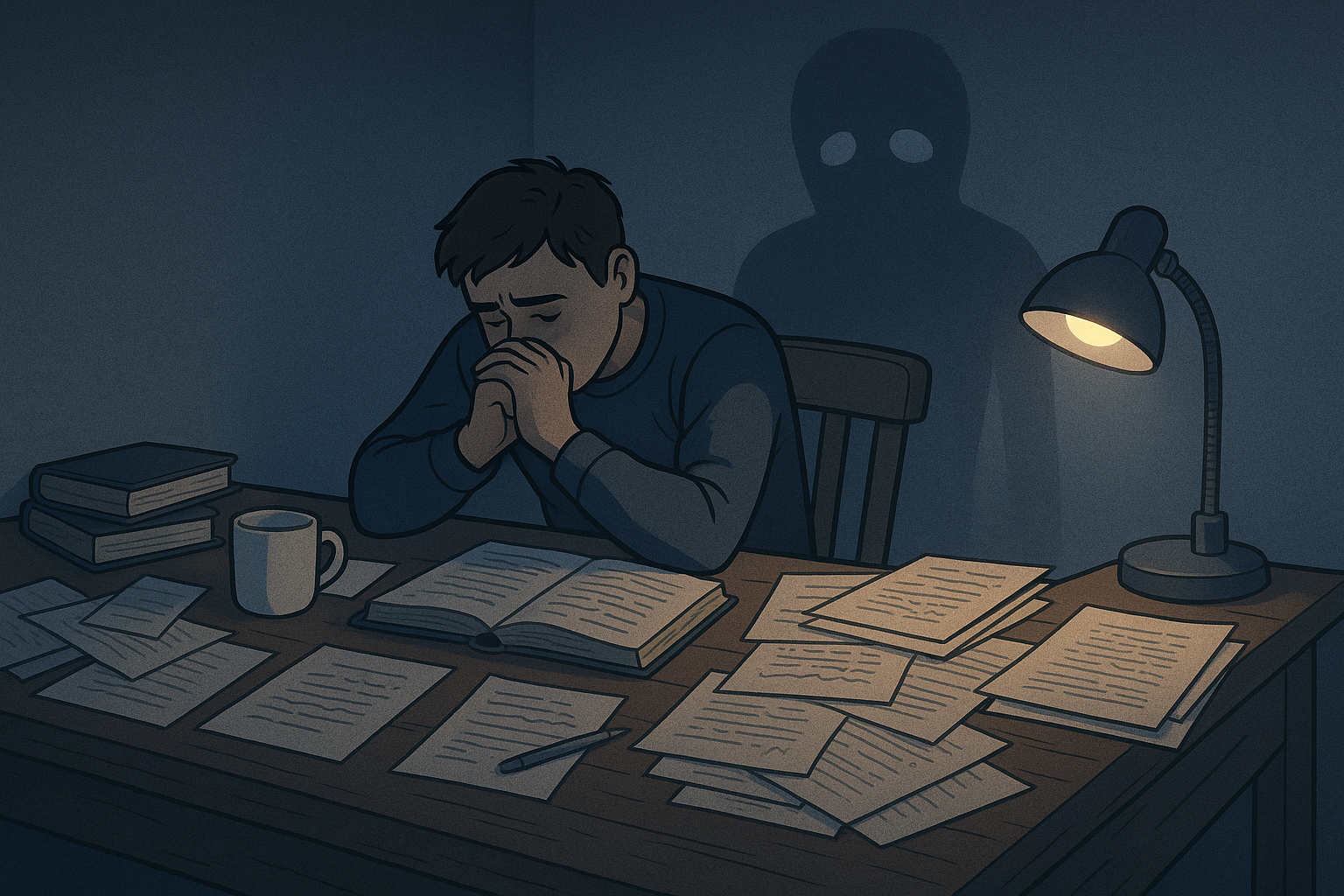 Ilustração digital de um jovem sentado à mesa em um ambiente escuro com iluminação fraca, rodeado por objetos de trabalho e tarefas acumuladas, com expressão de exaustão e confusão, representando o peso da sobrecarga e da desconexão espiritual.