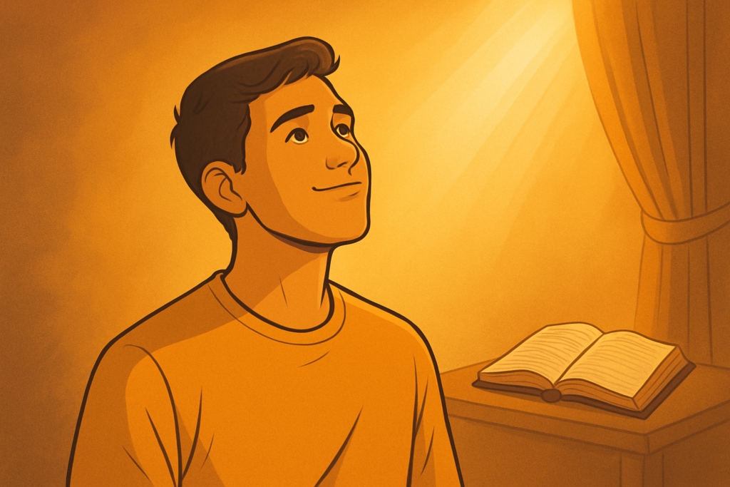 Ilustração de um jovem em seu quarto, sentado à escrivaninha com a cabeça baixa, refletindo sobre suas inseguranças à luz suave que entra pela janela.