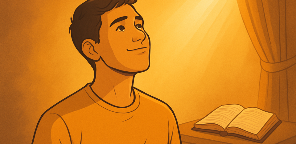Ilustração de um jovem em seu quarto, sentado à escrivaninha com a cabeça baixa, refletindo sobre suas inseguranças à luz suave que entra pela janela.