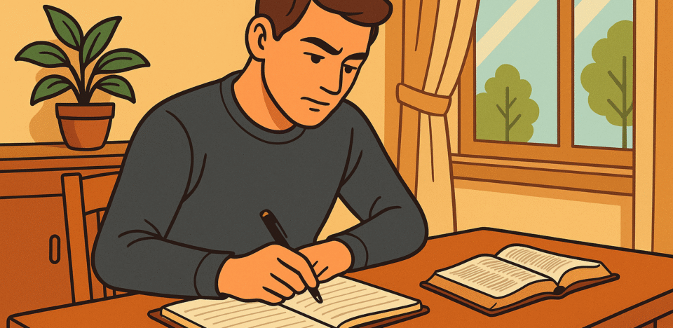 "Jovem escrevendo com determinação ao lado da Bíblia e de um planner, com luz suave da manhã entrando pela janela"