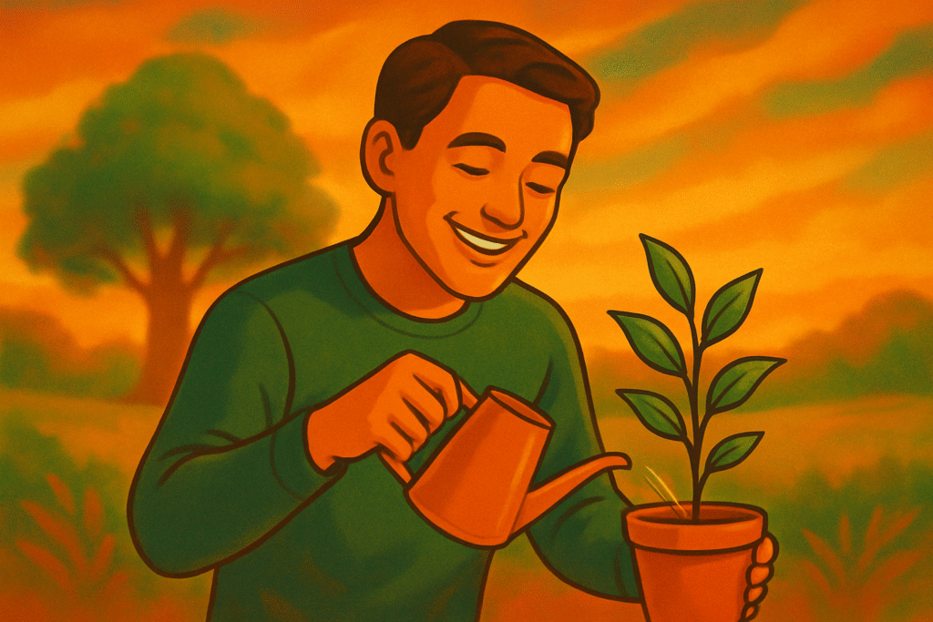 Um jovem cuidando de uma pequena plantinha ou regando um vaso simples, enquanto ao fundo se vê um campo amplo ou até uma árvore já grande em segundo plano (desfocada). A ideia é simbolizar que quem cuida bem do pequeno vai crescer para cuidar de coisas maiores.