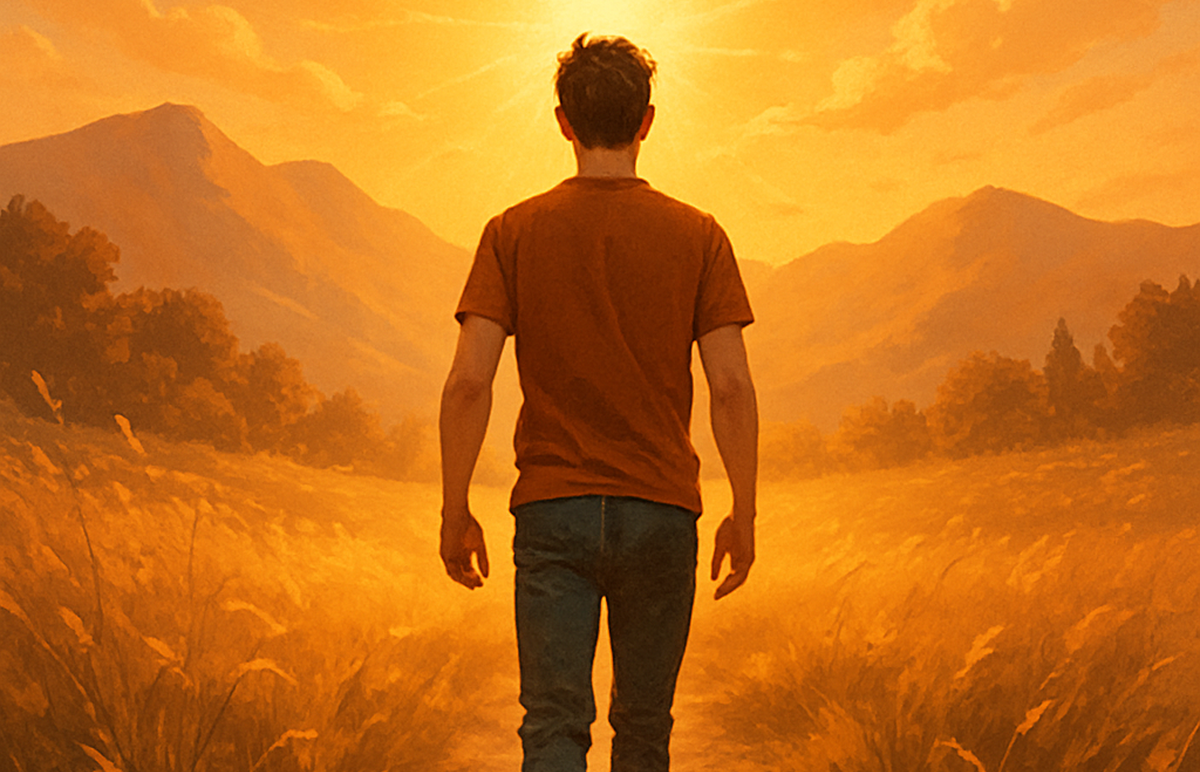 Ilustração digital de um jovem caminhando determinado em direção a uma luz no horizonte, representando coragem e direção divina.