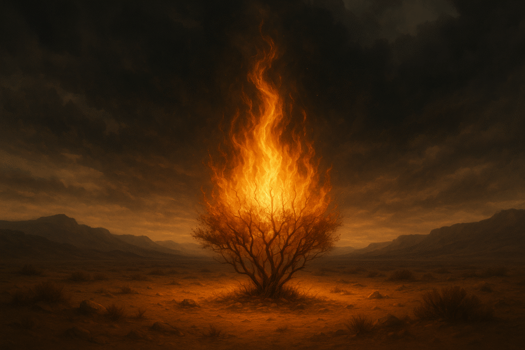 A sarça ardente em meio ao deserto, com chamas vivas que não consomem a planta. O fundo tem um céu dramático, com nuvens pesadas, mas uma luz suave ilumina a cena, trazendo uma atmosfera de reverência, mistério e presença divina.