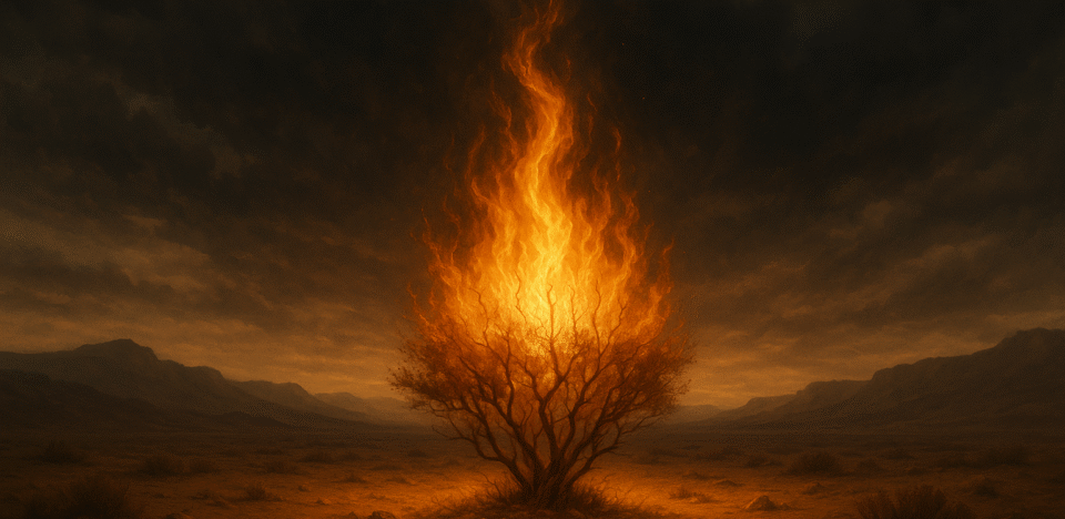 A sarça ardente em meio ao deserto, com chamas vivas que não consomem a planta. O fundo tem um céu dramático, com nuvens pesadas, mas uma luz suave ilumina a cena, trazendo uma atmosfera de reverência, mistério e presença divina.