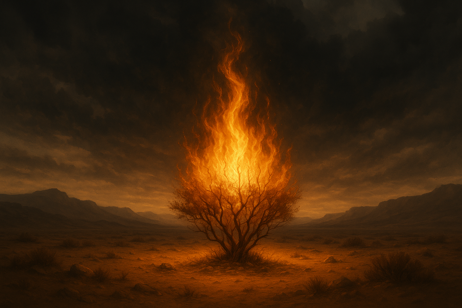 A sarça ardente em meio ao deserto, com chamas vivas que não consomem a planta. O fundo tem um céu dramático, com nuvens pesadas, mas uma luz suave ilumina a cena, trazendo uma atmosfera de reverência, mistério e presença divina.