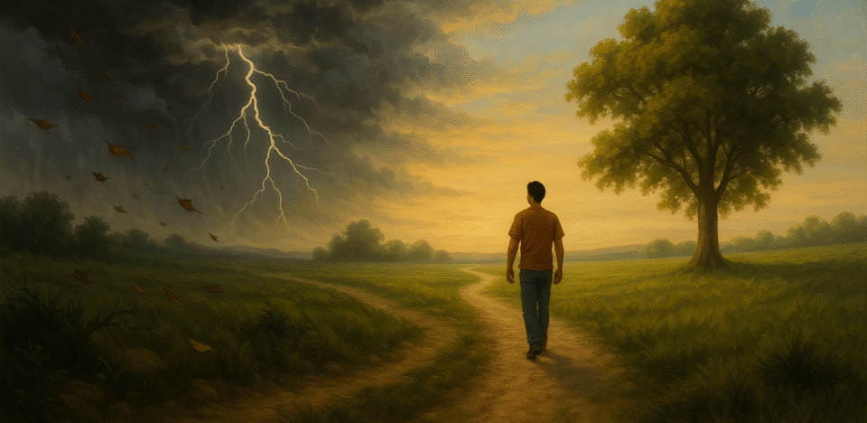 De um lado da imagem, nuvens escuras, tempestade, trovões, caminho tortuoso, folhas voando — representando ansiedade, preocupação e peso da mente. Do outro lado, o céu começa a abrir, aparece luz suave no horizonte, campos verdes, uma árvore frondosa e uma pessoa andando em paz, simbolizando a confiança em Deus e a paz que vem ao viver um dia de cada vez.