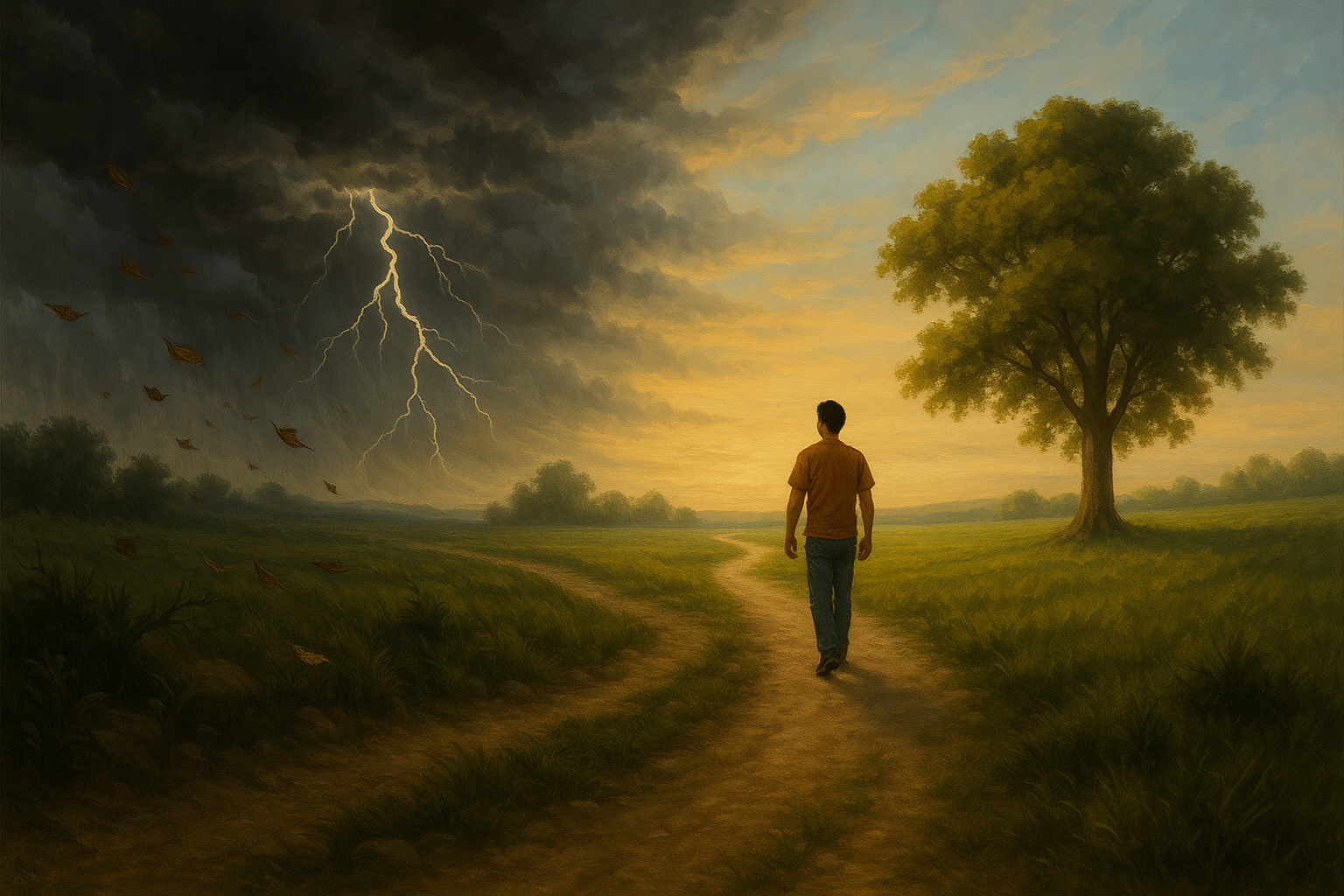 De um lado da imagem, nuvens escuras, tempestade, trovões, caminho tortuoso, folhas voando — representando ansiedade, preocupação e peso da mente. Do outro lado, o céu começa a abrir, aparece luz suave no horizonte, campos verdes, uma árvore frondosa e uma pessoa andando em paz, simbolizando a confiança em Deus e a paz que vem ao viver um dia de cada vez.