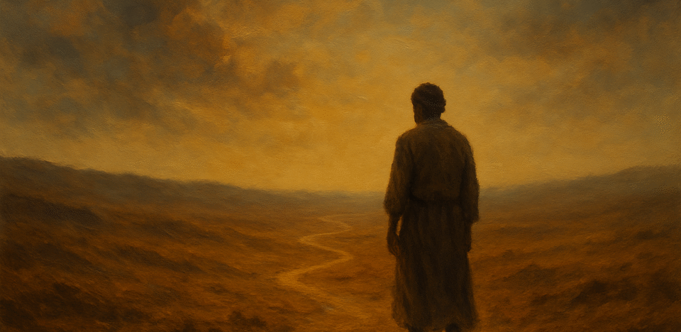 Caminhante solitário no deserto sob um céu amplo e silencioso, com tons quentes ao entardecer, representando o silêncio de Deus e a jornada de fé silenciosa.