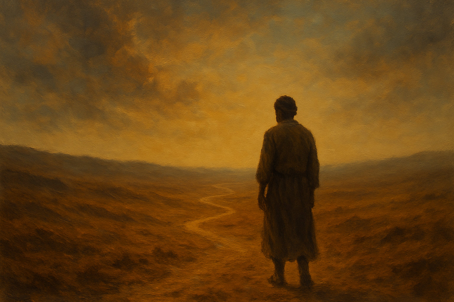 Caminhante solitário no deserto sob um céu amplo e silencioso, com tons quentes ao entardecer, representando o silêncio de Deus e a jornada de fé silenciosa.