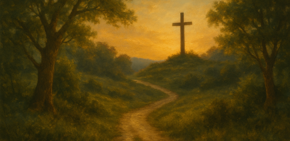 Caminho estreito em meio à natureza, com uma cruz distante ao fundo, luz suave, atmosfera introspectiva e espiritual.