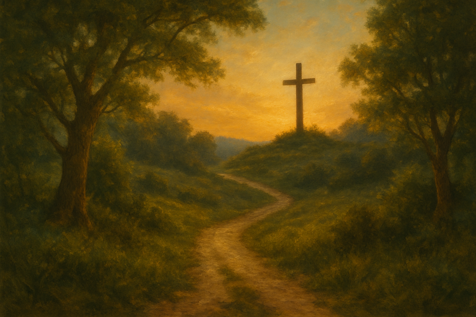 Caminho estreito em meio à natureza, com uma cruz distante ao fundo, luz suave, atmosfera introspectiva e espiritual.