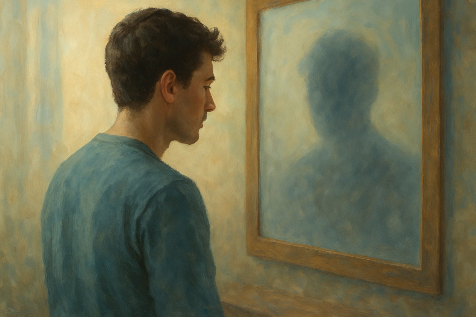 Uma pessoa (sem rosto definido, para representar qualquer um) em frente a um espelho embaçado. No reflexo, ela não vê a si mesma, mas a silhueta de outra pessoa ou várias faces misturadas — simbolizando a confusão da comparação. Cores suaves, com luz incidindo no espelho como símbolo de revelação.
