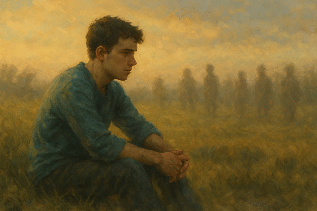 Um jovem sentado em um campo vazio, olhando para o horizonte com expressão de dúvida. Em volta dele, silhuetas borradas de outras pessoas ao fundo, como se estivesse tentando encontrar seu lugar.
Clima de pôr do sol, luz dourada para transmitir reflexão e melancolia.