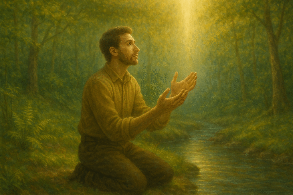 Pessoa ajoelhada à beira de um riacho, mãos estendidas para o céu. O cenário mostra natureza abundante ao redor, simbolizando renovo e identidade sendo restaurada.
Luz forte vindo do céu, como sinal da presença divina.