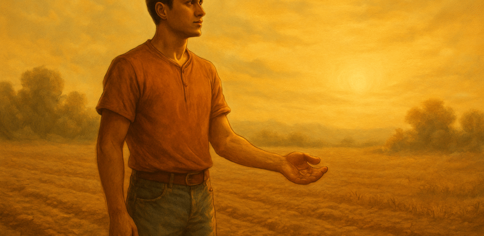 Um jovem agricultor, de pé em meio a um campo árido onde nada ainda brotou. Apesar do solo seco, ele segura sementes na mão e olha para o horizonte com fé. O céu ao fundo está suavemente iluminado, indicando que um novo tempo está chegando.