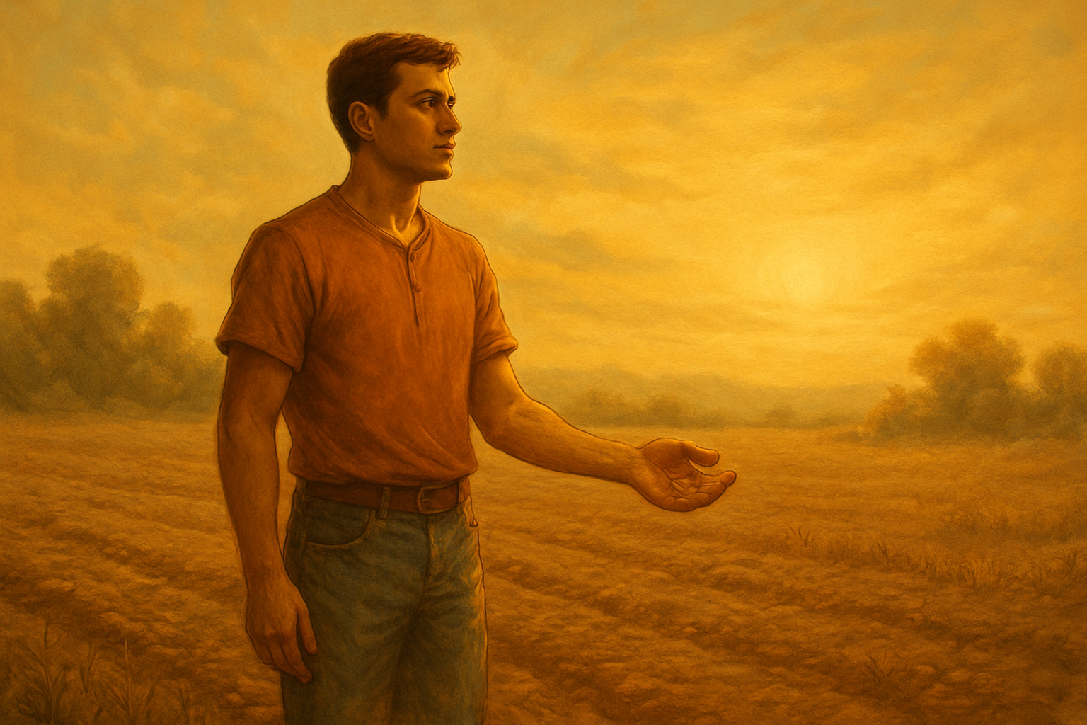 Um jovem agricultor, de pé em meio a um campo árido onde nada ainda brotou. Apesar do solo seco, ele segura sementes na mão e olha para o horizonte com fé. O céu ao fundo está suavemente iluminado, indicando que um novo tempo está chegando.