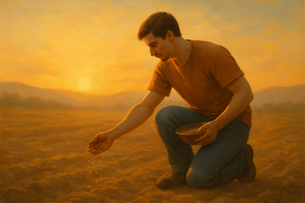 Uma pessoa plantando sementes em um solo aparentemente árido ou sem vida, mas ao fundo um sol nascente começa a iluminar suavemente a terra, simbolizando esperança e futuro florescimento. A expressão do personagem é de determinação e paciência, focado no ato de semear com fé.