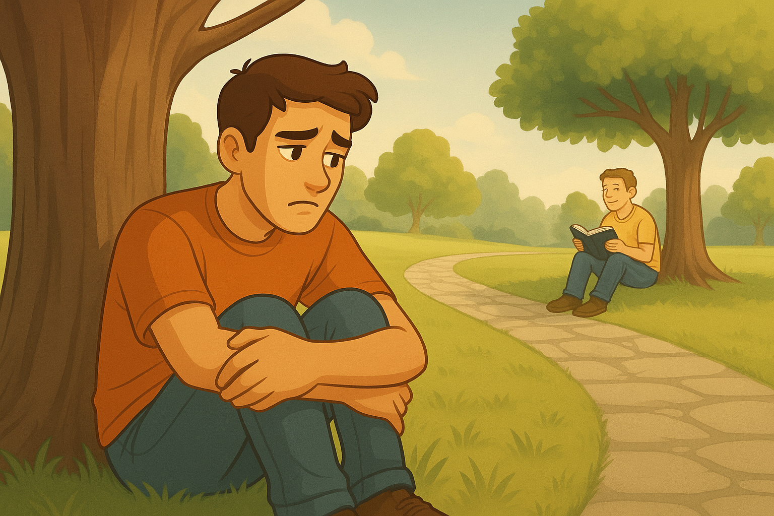 Um jovem em um parque. Ele esta sentado na grama e encostado em uma árvore sem folhas. Seu rosto aparentar preocupação. Um pouco a frente, em um estradinha de pedras que cruza o parque, ele vê um homem, também sentado na grama e encostado em uma árvore. A árvore desse segundo homem está cheia de folhas verdes, enquanto ele esta com uma expressão feliz enquanto olha seu livro.