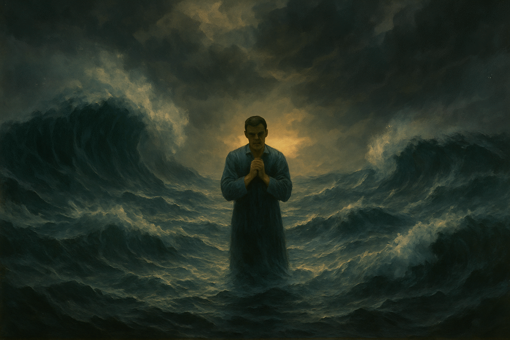 Uma pessoa em pé em meio ao mar revolto, cercada de ondas enormes, mas mantendo-se firme. Representa as aflições, mas também a confiança e a paz interior.