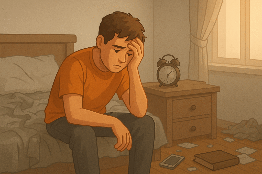 um jovem em seu quarto, o qual parece estar bem bagunçado. Ele está preocupado em como pode organizar tudo.