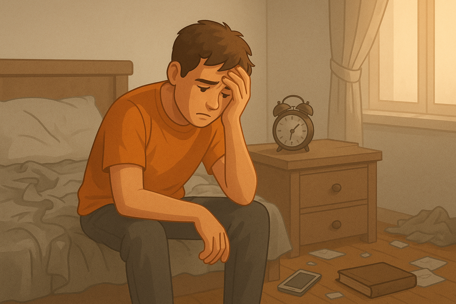 um jovem em seu quarto, o qual parece estar bem bagunçado. Ele está preocupado em como pode organizar tudo.