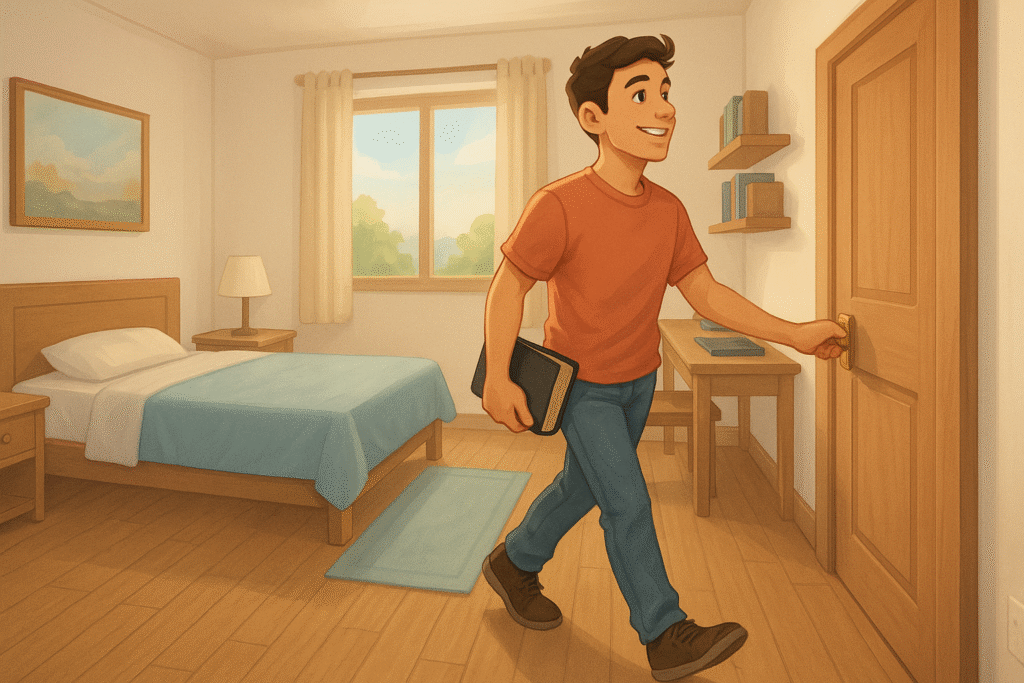 jovem caminhando em seu quarto, em direção a porta. Uma de suas mãos está segurando uma bíblia, na outra ele esta segurando a maçaneta da porta para abri-la. Ele agora está feliz por, com sua fé renovada e pronto para fazer o que deve ser feito. Seu quarto agora está muito bem organizado.