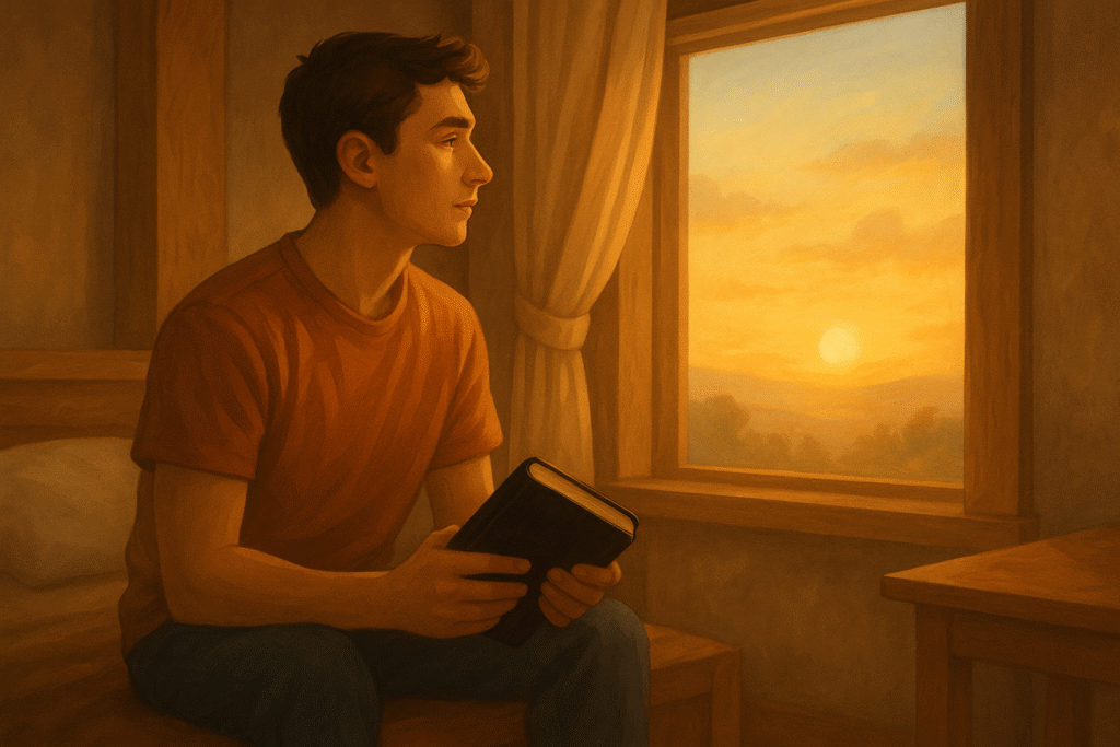 Um homem jovem (estilo universal, não realista) contemplando o amanhecer pela janela, com uma Bíblia ao lado ou nas mãos, em tom de reflexão serena. Ele está em um ambiente calmo, como um quarto simples ou varanda, e a luz do sol entra suavemente.