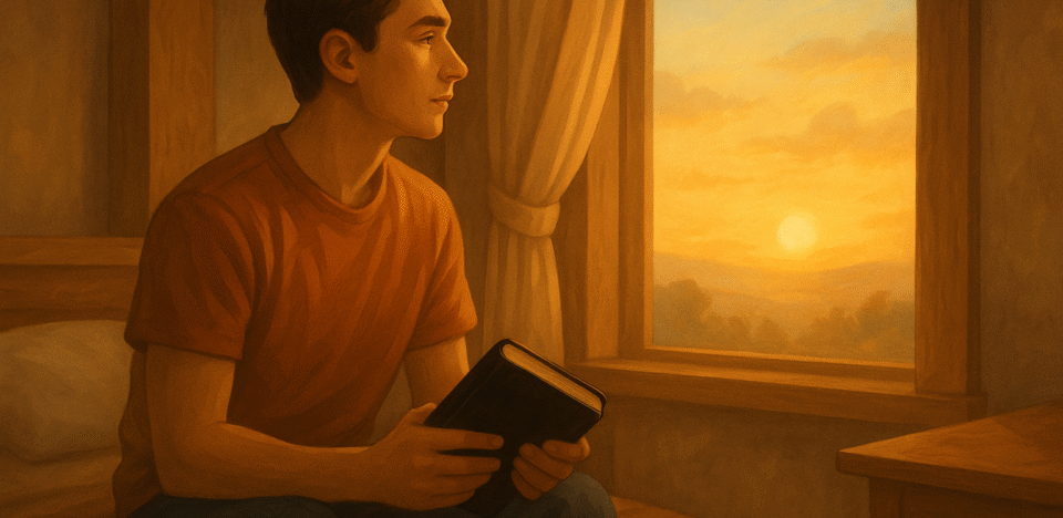 Um homem jovem (estilo universal, não realista) contemplando o amanhecer pela janela, com uma Bíblia ao lado ou nas mãos, em tom de reflexão serena. Ele está em um ambiente calmo, como um quarto simples ou varanda, e a luz do sol entra suavemente.