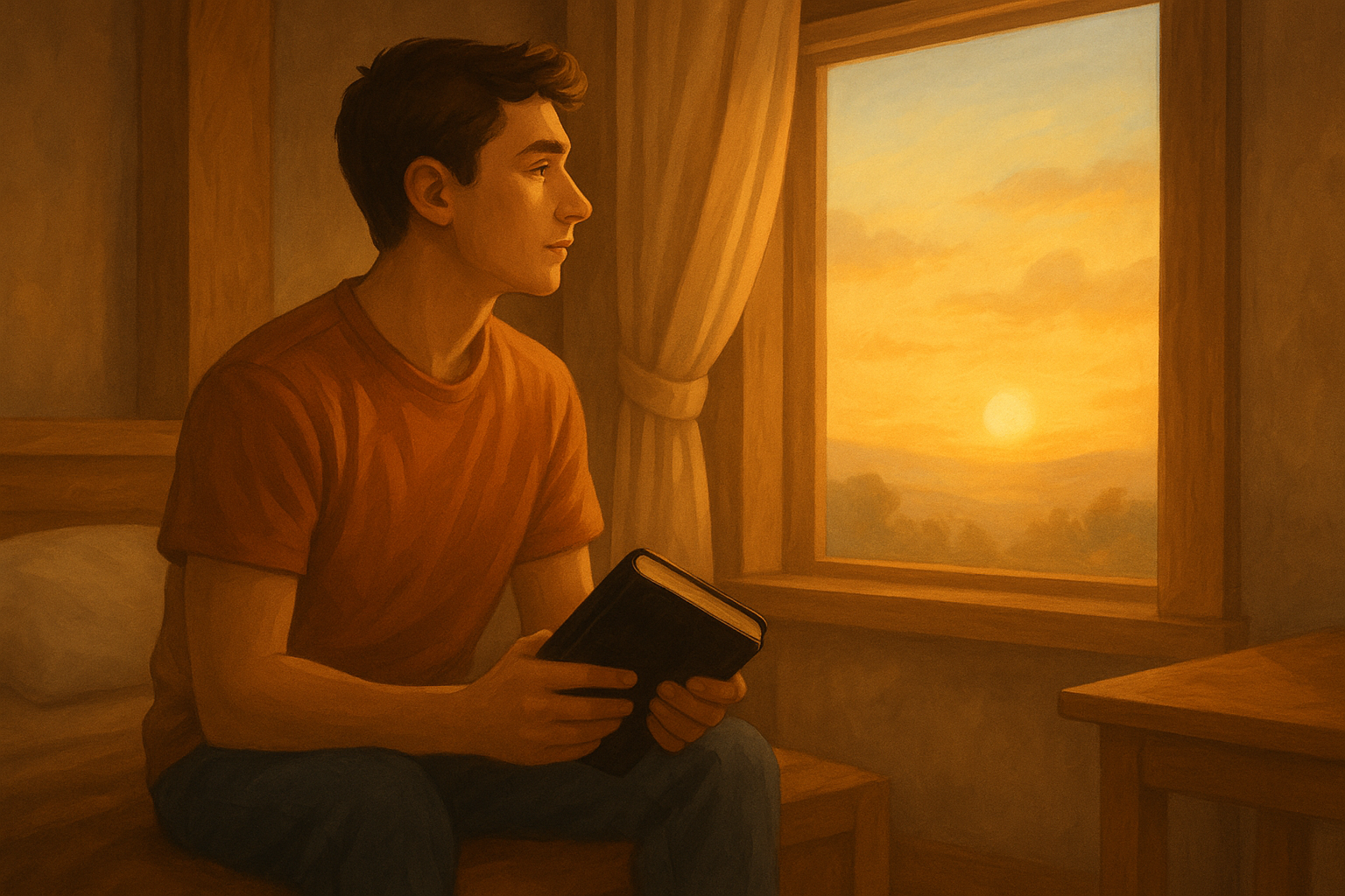 Um homem jovem (estilo universal, não realista) contemplando o amanhecer pela janela, com uma Bíblia ao lado ou nas mãos, em tom de reflexão serena. Ele está em um ambiente calmo, como um quarto simples ou varanda, e a luz do sol entra suavemente.