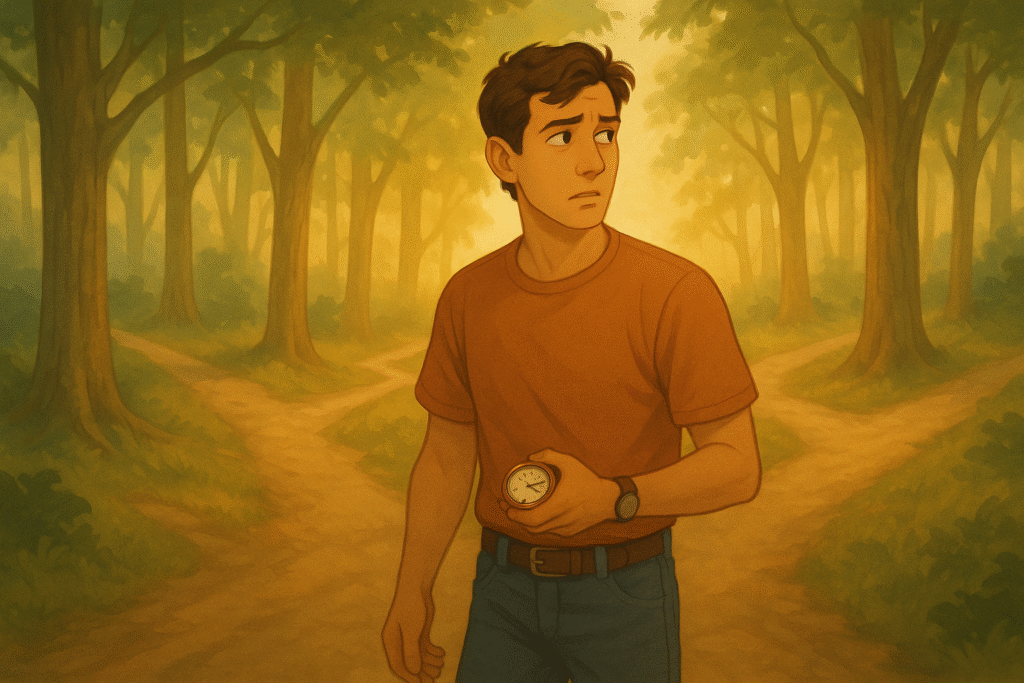 Um homem parado numa encruzilhada com várias trilhas ou caminhos, cada uma com placas diferentes.
Ele segura um relógio ou parece inquieto, como se estivesse com pressa de decidir, mas sem paz.
A luz do sol começa a surgir entre árvores, mas ele não está atento.