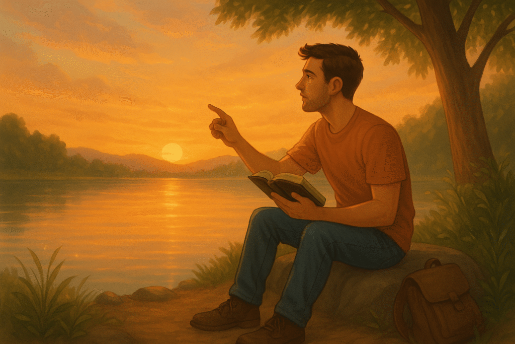 Um jovem sentado tranquilamente à beira de um lago ao entardecer, com uma Bíblia no colo, olhando para o horizonte com um semblante de paz e expectativa. Ao fundo, o céu está em tons quentes (laranja, rosa, dourado), e há uma árvore frondosa projetando sombra suave. Apesar da calma, há elementos sutis que indicam prontidão, como uma mochila ao lado ou sapatos firmes nos pés.