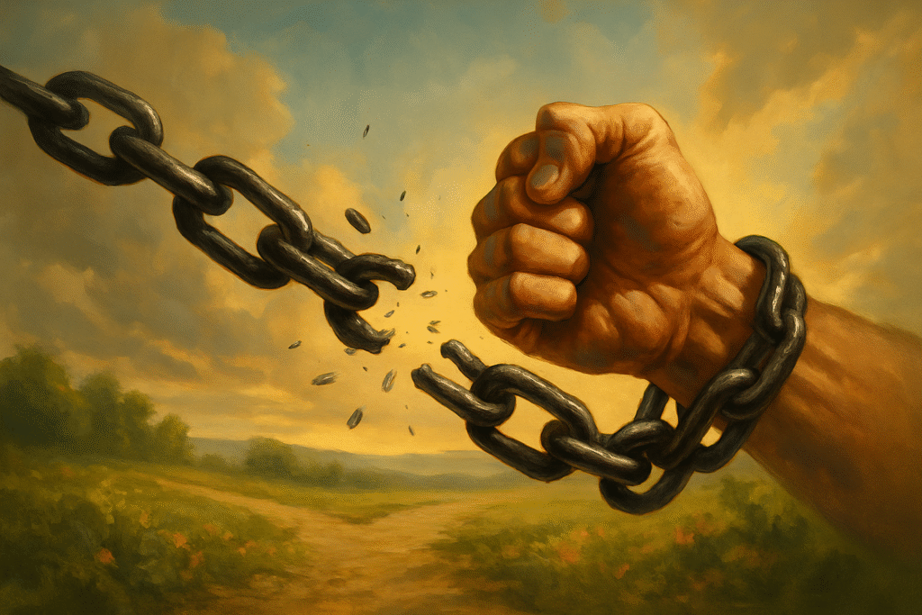 Corrente quebrando: Uma mão rompendo correntes, simbolizando a quebra do ciclo da estagnação e a libertação para uma vida de escolhas conscientes.