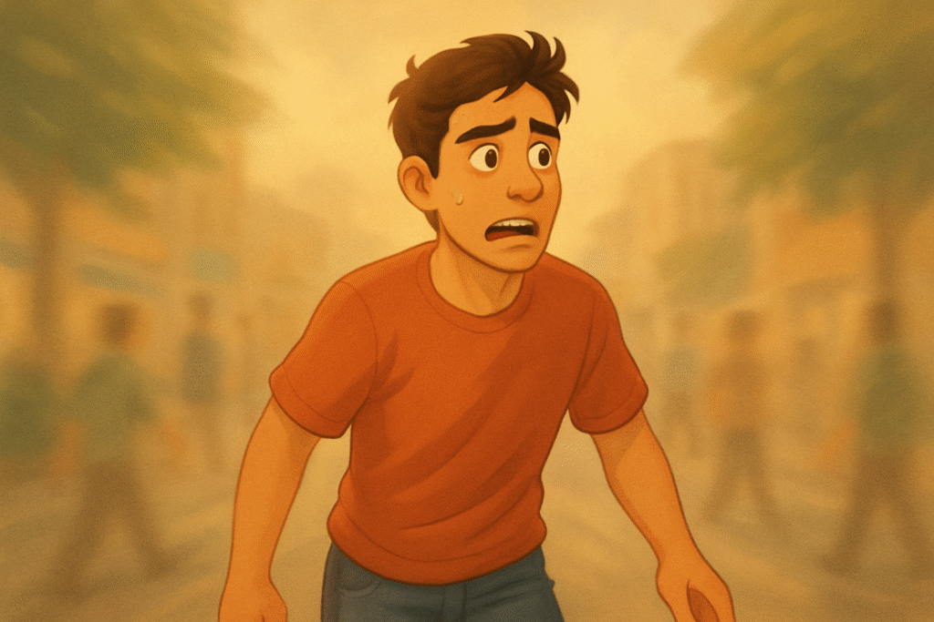 Representa o sentimento de quem confunde movimento com direção: jovem agitado, em um ambiente desfocado, olhando em várias direções, como se estivesse se movendo sem saber para onde.